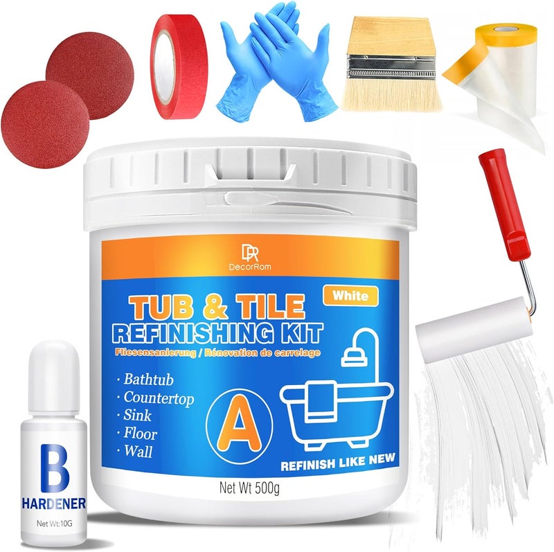 DecorRom Tub and Tile Refinishing Kit, 18oz Tile Paint Bathtub Paint White for DIY Bathroom Resurfacing, Ceramic/Porcelain Tiles, Glass and Marble Sinks Waterproof, Scratch Resistant, Low Odor with Tools - Image 1